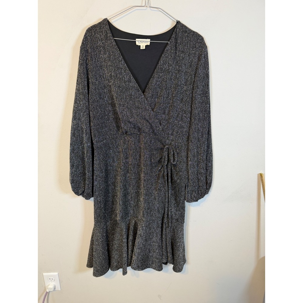 52seven Womens Wrap Dress Metallic Shimmer Black Silver 12